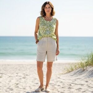 Covington Silk Tank Top Women's XLP Green White Abstract Sleeveless Button Top
